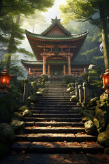  Illustrated photo of a Japanese shrine in a 3D forest - obrazy, fototapety, plakaty