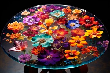 Table made with epoxy resin featuring vibrant flowers. Generative AI