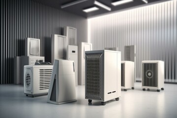 Multiple indoor units of air conditioner with various types. 3D rendered image. Generative AI
