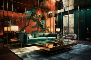 Elegant copper and green interior featuring mirrored walls and captivating digital artwork. Generative AI