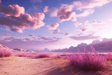 HDRI rendering of desert with pink and violet sky, clouds, and environment. Generative AI