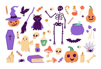 Happy Halloween elements set. Skeleton, ghost, pumpkin, bat, black cat, candies, spiders cartoon vector illustration. Perfect for scrapbooking, invitation, greeting card, poster design