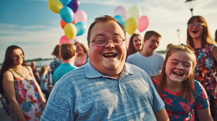 Down syndrome group of friends having fun. Down Syndrome Day
