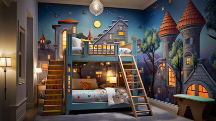Immerse yourself in the whimsical world of kids' room architecture with this captivating image. A vibrant space comes to life with playful colors, themed décor, and imaginative design.