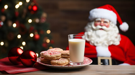 Obraz na płótnie Canvas Santa claus eat cookies and glass of milk. Generative AI