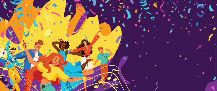 Party vector banner background. Young men and women dancing, they are