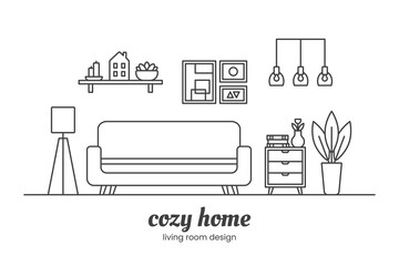 Fototapeta na wymiar Cozy home interior design concept. Living room interior. Vector line illustration on white background