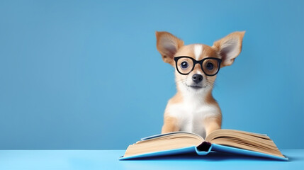 Dog with glasses reads a book on a blue background with space for text. Banner, copyspace