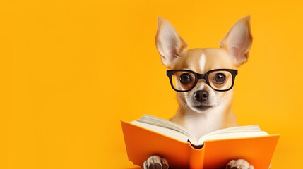 Dog with glasses reads a book on an orange background with space for text. Banner, copyspace
