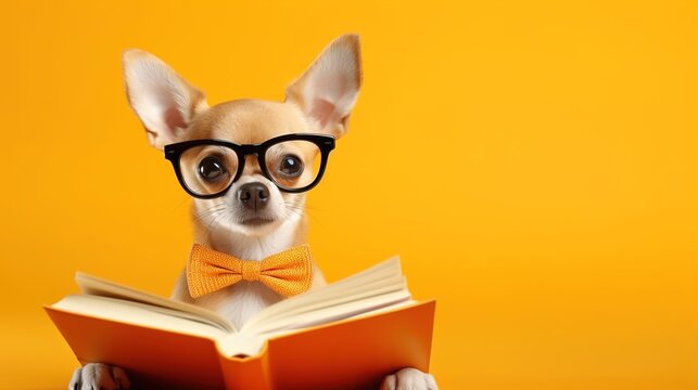 Dog with glasses reads a book on an orange background with space for text. Banner, copyspace
