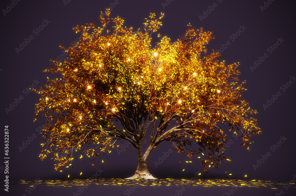 Wall mural yellow glowing autumn tree with falling leaves on purple background. 3d rendering, 3d illustration