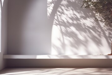 interior design, 3D stimulate of white room interior and wood plank floor with sun light cast shadow on the wall,Perspective of minimal design architecture. generative ai.