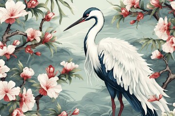 Seamless watercolor pattern featuring a Japanese crane bird. Generative AI
