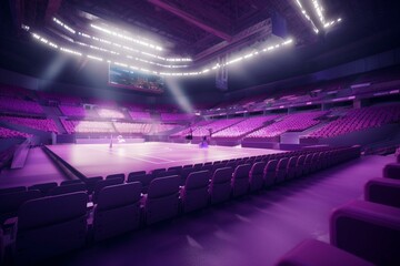 3D render of a stunning volleyball arena featuring purple seats and VIP boxes. Generative AI