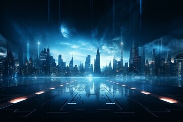 Futuristic urban skyline in dimly lit 3D space. Generative AI