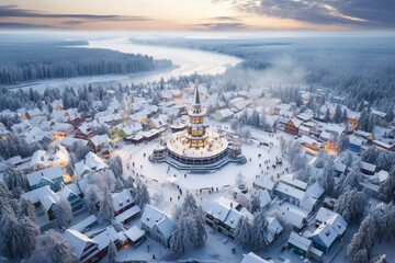 An aerial perspective of a winter-themed village in Rovaniemi, Lapland, associated with Santa Claus. Generative AI - obrazy, fototapety, plakaty