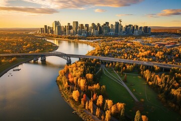 Aerial view of fall North Saskatchewan River & Edmonton skyline from Rossdale with James MacDonald Bridge. Generative AI - obrazy, fototapety, plakaty
