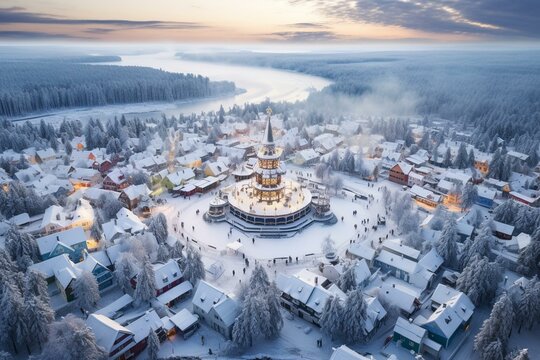 An aerial perspective of a winter-themed village in Rovaniemi, Lapland, associated with Santa Claus. Generative AI