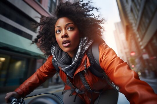 A middle-aged black woman rides a bicycle along a city street. Active life. Generative ai.