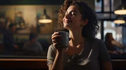 Contentment in Coffee Sip: The close-up captures the office worker with a relaxed expression, savoring a sip of their favorite coffee.