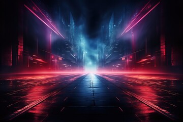 Empty show scene background. Reflection of a dark street on wet asphalt. Rays of red and blue neon light in the dark, neon shapes, smoke. Abstract dark background. - obrazy, fototapety, plakaty