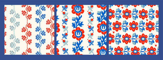 Contemporary flower ornament. Ukrainian Vyshyvanka. Ukrainian traditional, folk, ethnic embroidery. Hand drawn modern Vector illustration. Set of three square seamless Patterns. Background, wallpaper