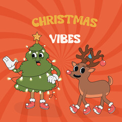 Obraz na płótnie Canvas Retro groovy Christmas tree and reindeer. Groovy hippie Merry Christmas and Happy New Year. Trendy groovy cartoon illustration style vintage background. Greeting cards, posters, party invitations.