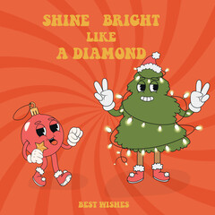 Retro groovy Christmas ball and tree. Groovy hippie Merry Christmas and Happy New Year. Trendy groovy cartoon illustration style vintage red background. Greeting cards, posters, party invitations.