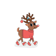Retro groovy Christmas reindeer red sweater . Groovy hippie Merry Christmas and Happy New Year. Trendy groovy cartoon illustration style white background. Greeting cards, posters, party invitations.