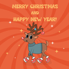 Obraz na płótnie Canvas Retro groovy Christmas reindeer blue sweater. Groovy hippie Merry Christmas and Happy New Year. Trendy groovy cartoon illustration style vintage background. Greeting cards, posters, party invitations.