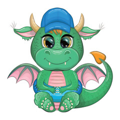Cute cartoon green baby dragon in a summer hat, swim ring. Symbol of 2024 according to the Chinese calendar.
