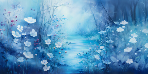 blue colorful forest with flowers