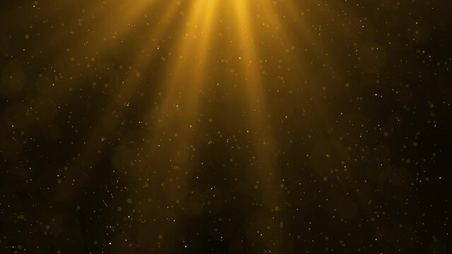 Festive Fireworks black background. golden sparkles. Glamour Event Christmas, Celebration magic stardust. glitter confetti falling. flash lights. Particle gold dust flickering rays of light. 4K 3D