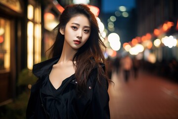 Fototapeta premium Street portrait of a fictional young Chinese lady tourist with a city in the background. Traveling photo illustration. Generative AI.