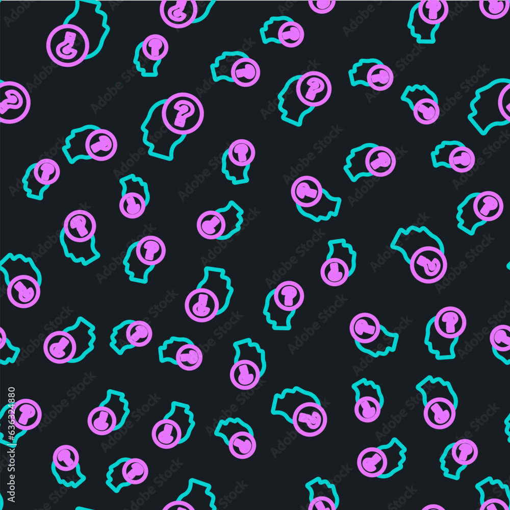 Poster line human head with question mark icon isolated seamless pattern on black background. vector