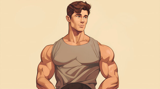 hand drawn cartoon handsome fitness muscle man illustration
