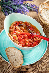 Lecho - stew with peppers, onions and sausages.