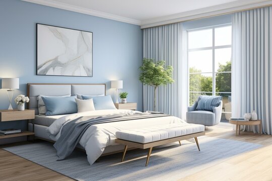 Spacious and modern bedroom with ample natural light and light blue walls. Generative AI