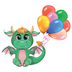 Cute cartoon green baby dragon with horns and wings. Symbol of 2024 according to the Chinese calendar