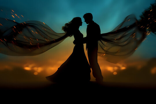 silhouette of a dancing couple at sunset near a pond