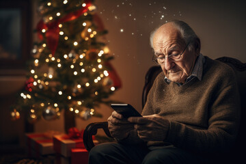 Solitude, loneliness during Christmas holidays. Eldery man sitting on sofa near decorated Christmas tree at home. Lonely senior man celebrating Christmas alone, looking to smartphone screen - obrazy, fototapety, plakaty