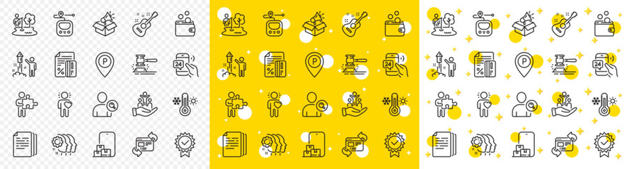 Outline Online storage, Puzzle and Credit card line icons pack for web with Fireworks, Friend, Copy documents line icon. Guitar, Find user, Certificate pictogram icon. Metro, Parking. Vector