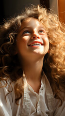 Fototapeta premium curly little red-haired girl in the sun, touching god with light to a cute child