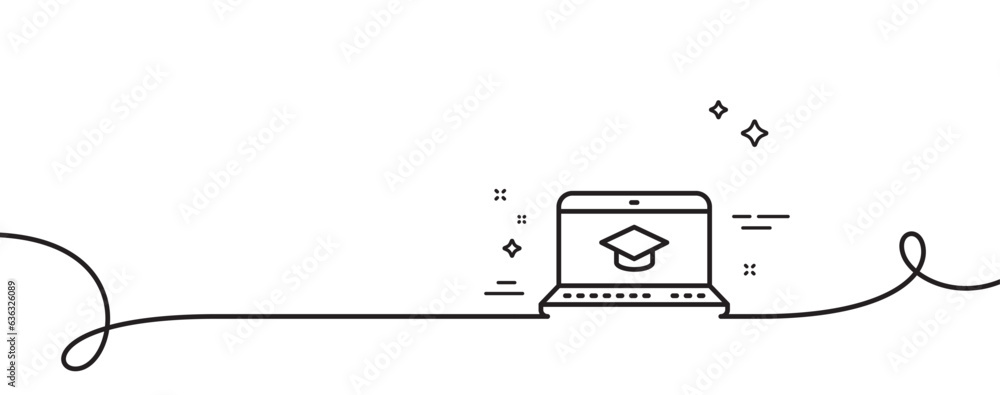 Poster online education line icon. continuous one line with curl. notebook or laptop sign. graduation cap s