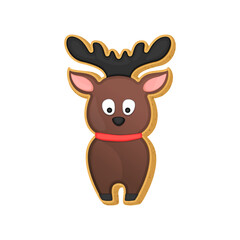 Christmas sugar cookie reindeer santa deer. Xmas vector illustration with cute reindeer cookie shape decorated with chocolate icing. Holiday Xmas sugar cookie bisquit.