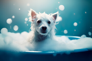Funny puppy sitting in bathtub waiting for grooming. Banner for pet shop, grooming salon. Generative AI