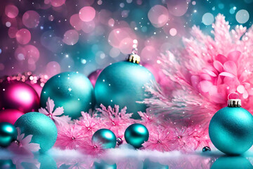 christmas decoration balls  and dreamy background, in pink and aquamarine colors