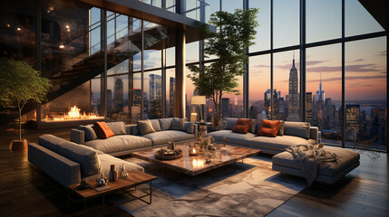 Fototapeta premium Interior of modern living room panorama 3d rendering