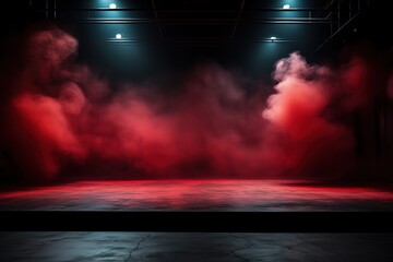 immerse yourself in an ethereal world: empty dark stage transformed with mist, fog, and red smoke, perfect for showcasing artistic works and products.