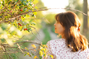 Fototapeta premium summer portrait of young woman profile looking on branches of a rosehip bush with red berries